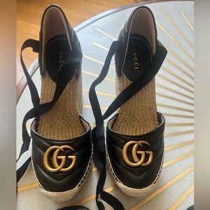 Size 35 1/2 Gucci Black Leather Marmont Ankle Tie Espadrilles.